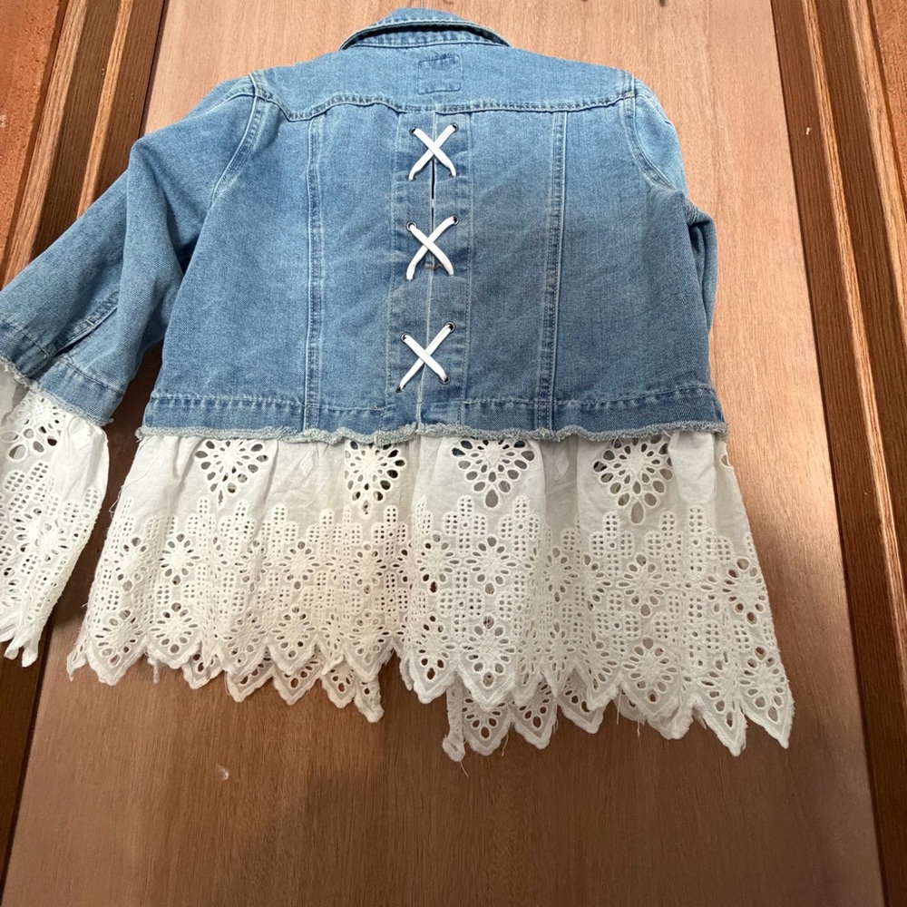 C.C Light Blue Denim with Sunburst Patch medium cottagecore boho white lace - Picture 5 of 7